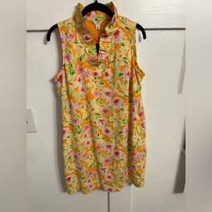 Bright yellow ruffle neck dress by CROWN & IVY w/ multicolor accents. Medium NWT